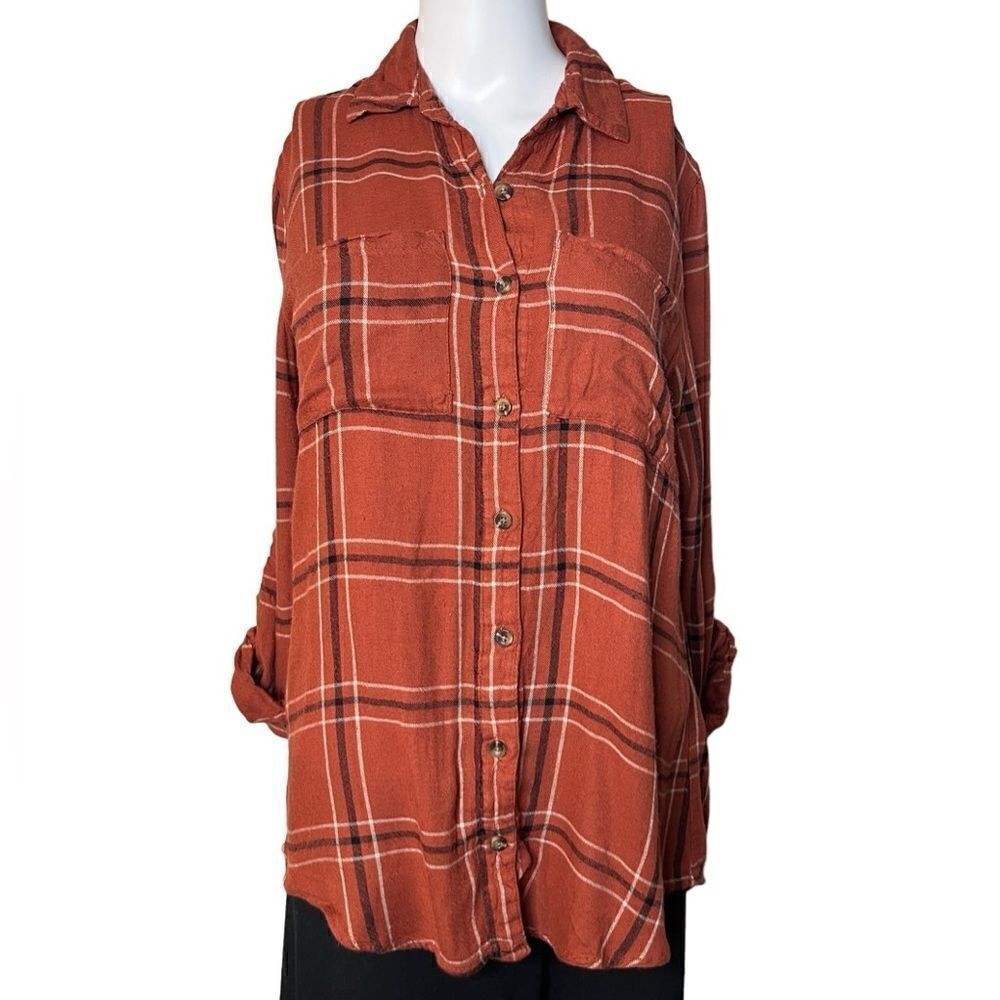 Full Tilt Long Sleeve Button Down Flannel Burnt Orange & Black Size XS